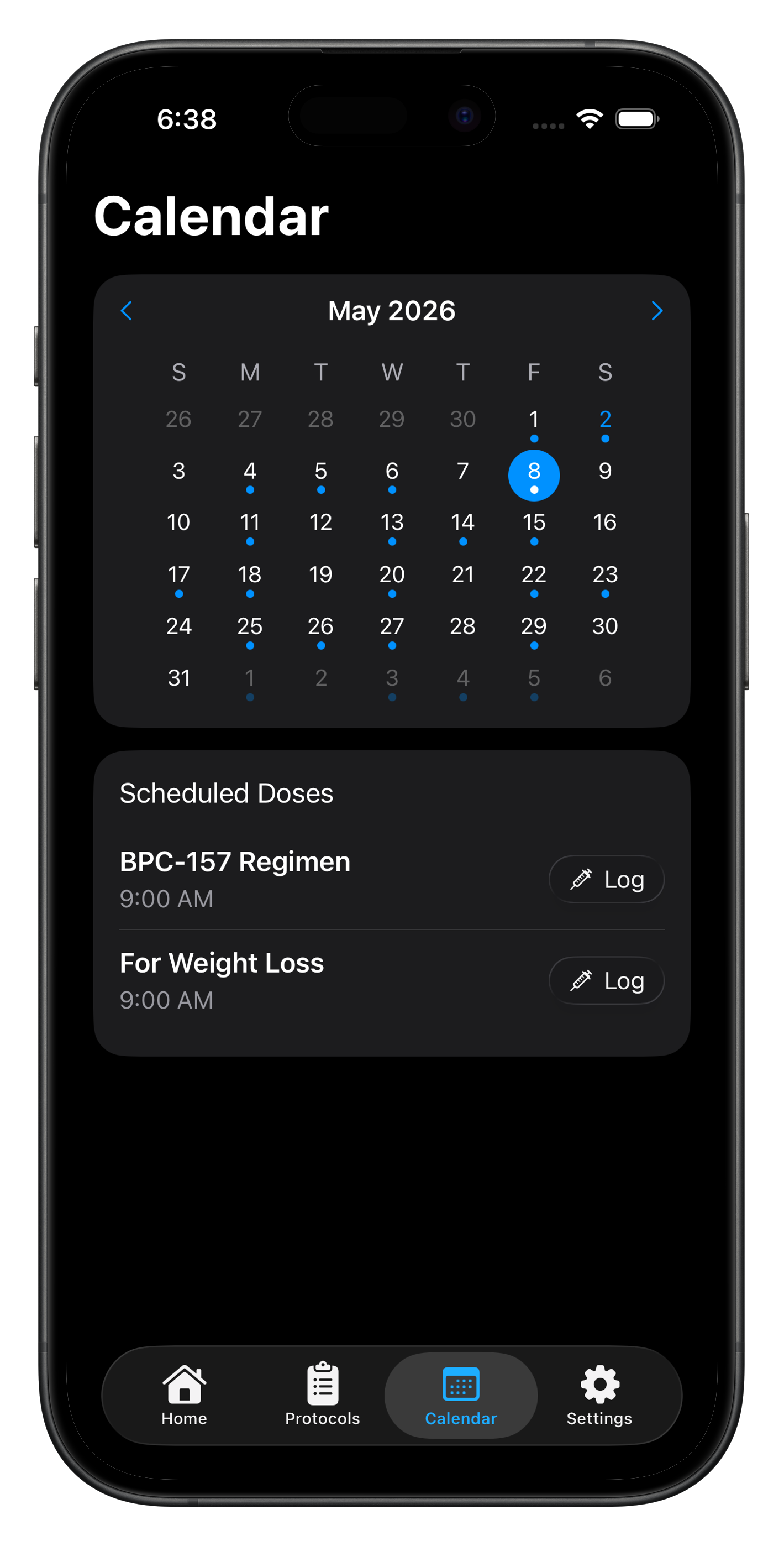Visual calendar showing all scheduled peptide doses